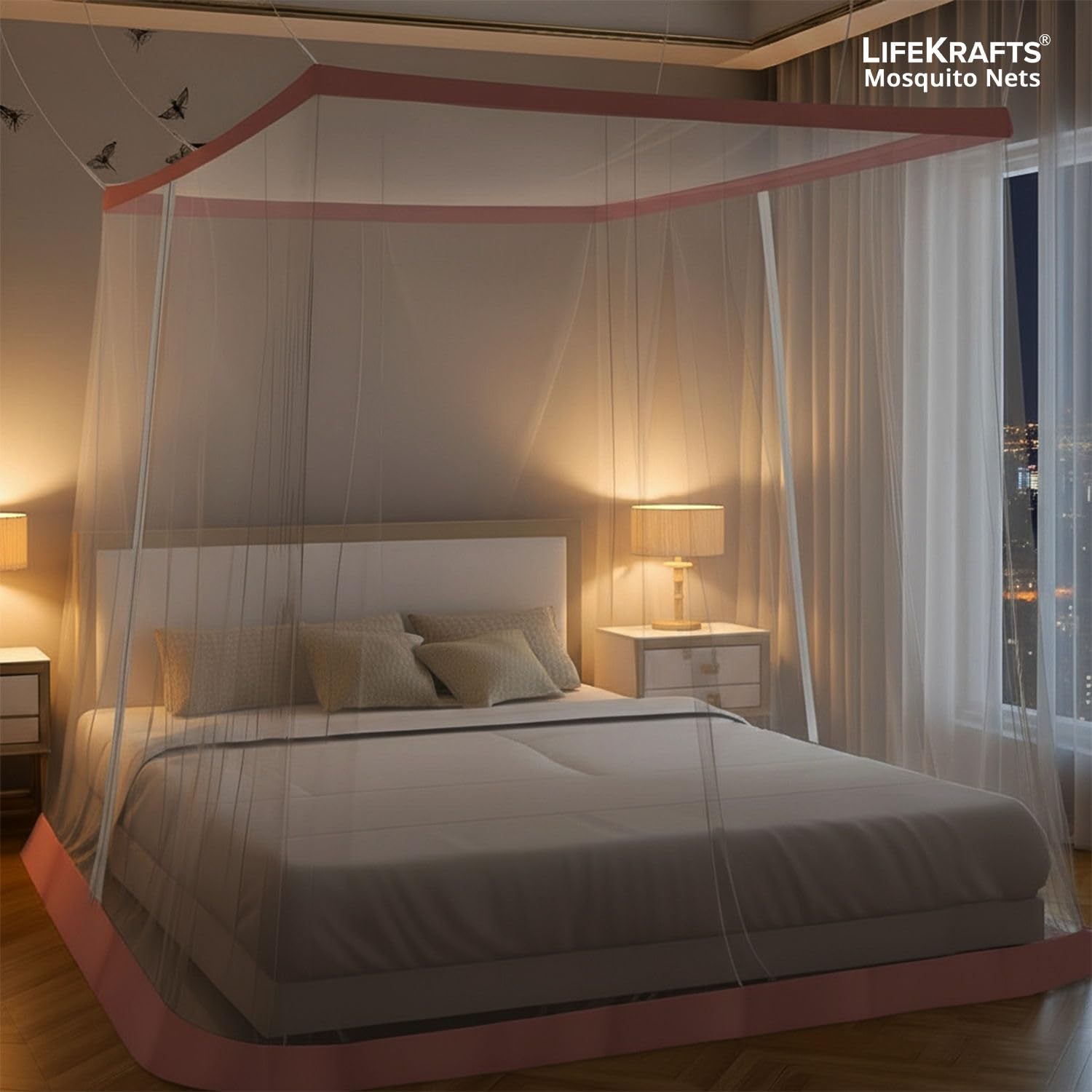 Mosquito Net for Bed | Hanging Bed Net-Polyester | Machardani | Double Zipper Entry | Elegant White with Peach Border - LifeKrafts