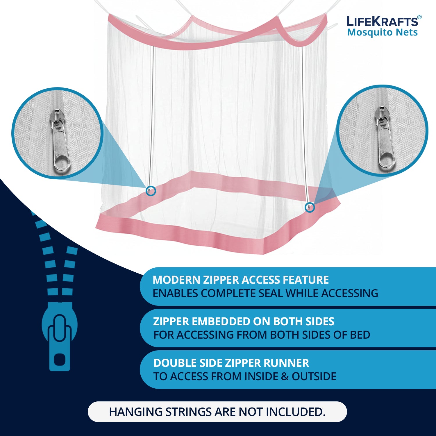 Mosquito Net for Bed | Hanging Bed Net-Polyester | Machardani | Double Zipper Entry | Elegant White with Peach Border - LifeKrafts