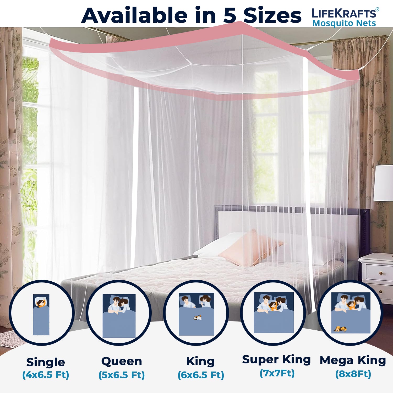 Mosquito Net for Bed | Hanging Bed Net-Polyester | Machardani | Double Zipper Entry | Elegant White with Peach Border - LifeKrafts