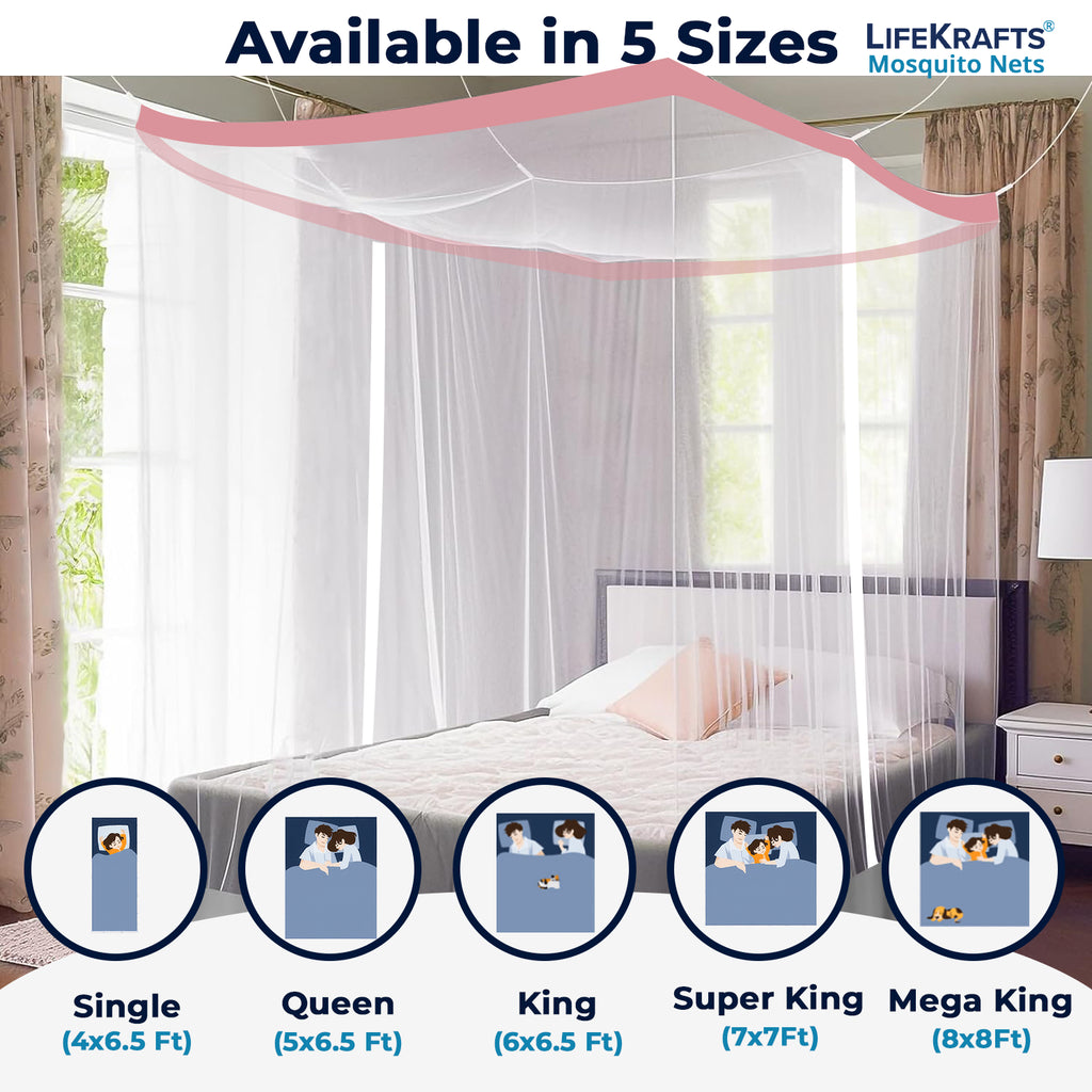 Mosquito Net for Bed | Hanging Bed Net-Polyester | Machardani | Double Zipper Entry | Elegant White with Peach Border - LifeKrafts