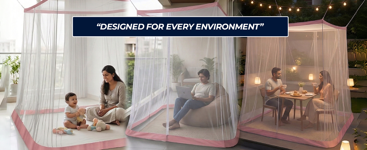 Mosquito Net for Bed - Hanging Bed Net - Polyester - Machardani - Double Zipper Entry - Elegant White with Peach Border