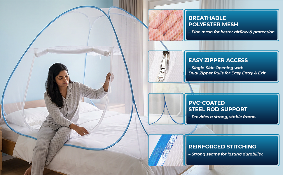 Mosquito Net for Bed | Foldable-Polyester Machardani Pop Up Self Opening | Travel-friendly foldable design | LifeKrafts