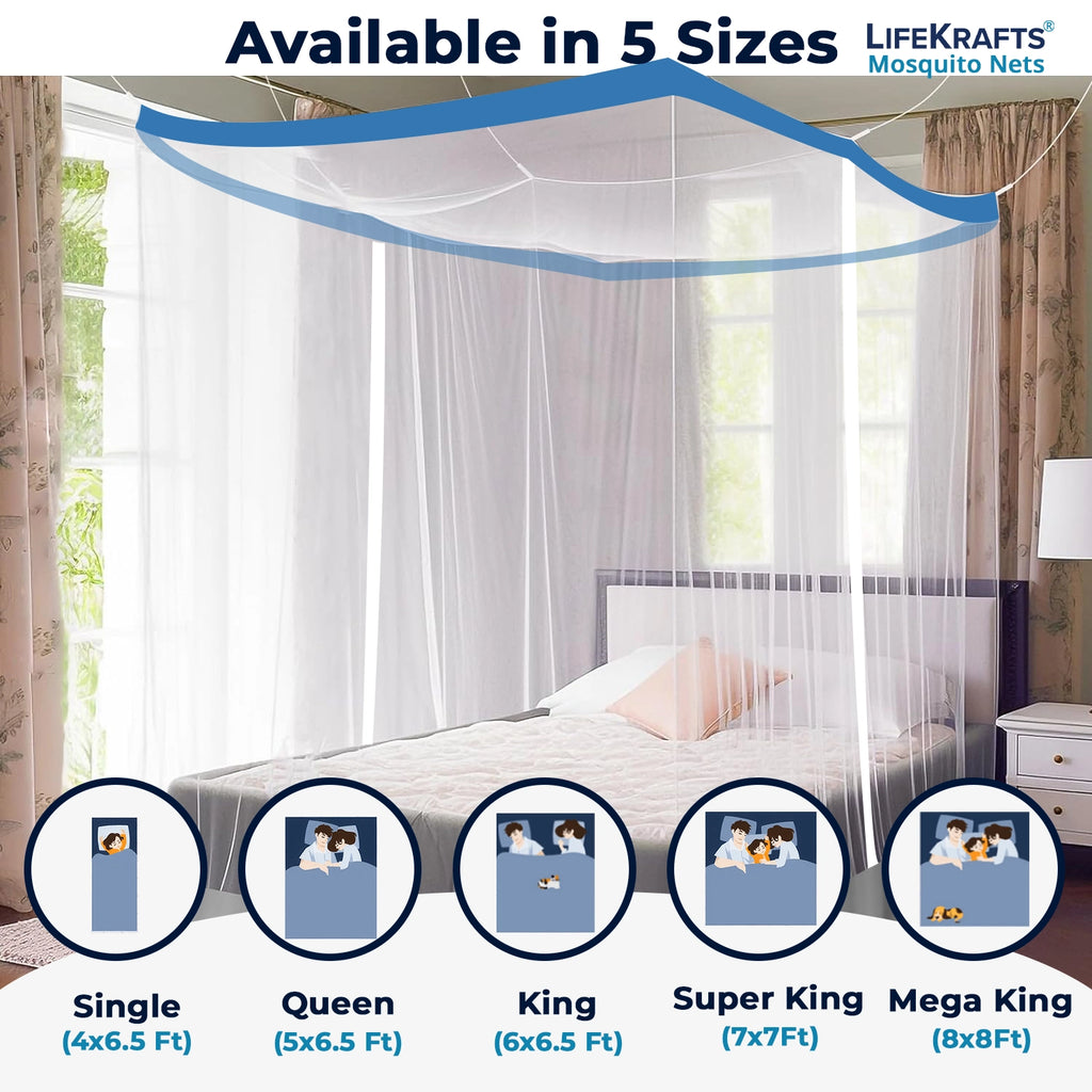 Mosquito Net for Bed | Hanging Net | Polyester | Machardani | Double Zipper Entry | Elegant White with Blue Border
