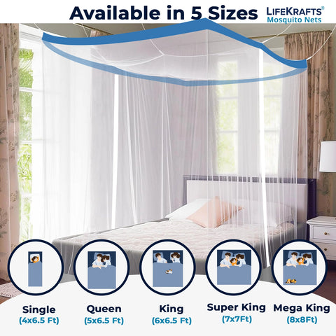 Mosquito Net for Bed | Hanging Net | Polyester | Machardani | Double Zipper Entry | Elegant White with Blue Border