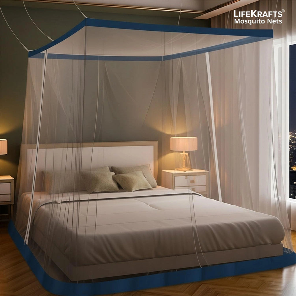 Mosquito Net for Bed | Hanging Net | Polyester | Machardani | Double Zipper Entry | Elegant White with Blue Border