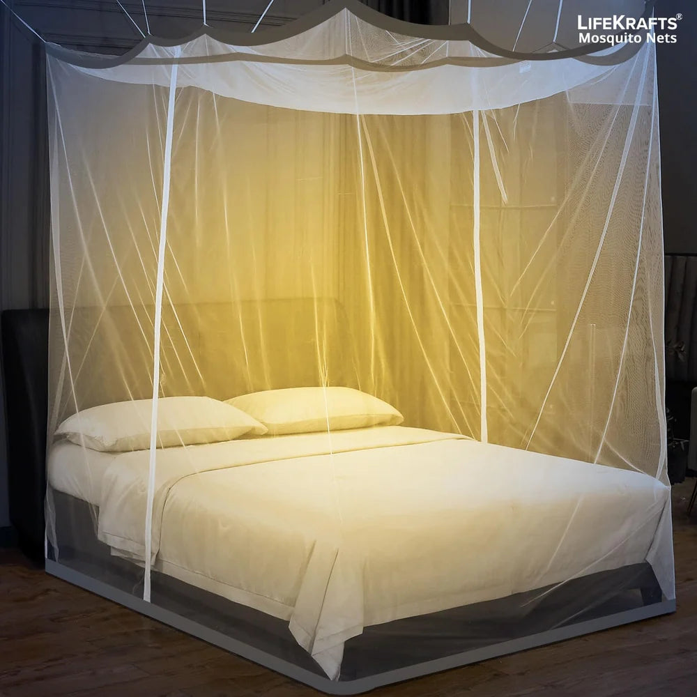 Mosquito Net for Bed - Hanging Bed Net - Polyester - Machardani - Double Zipper Entry - Elegant White with Grey Border