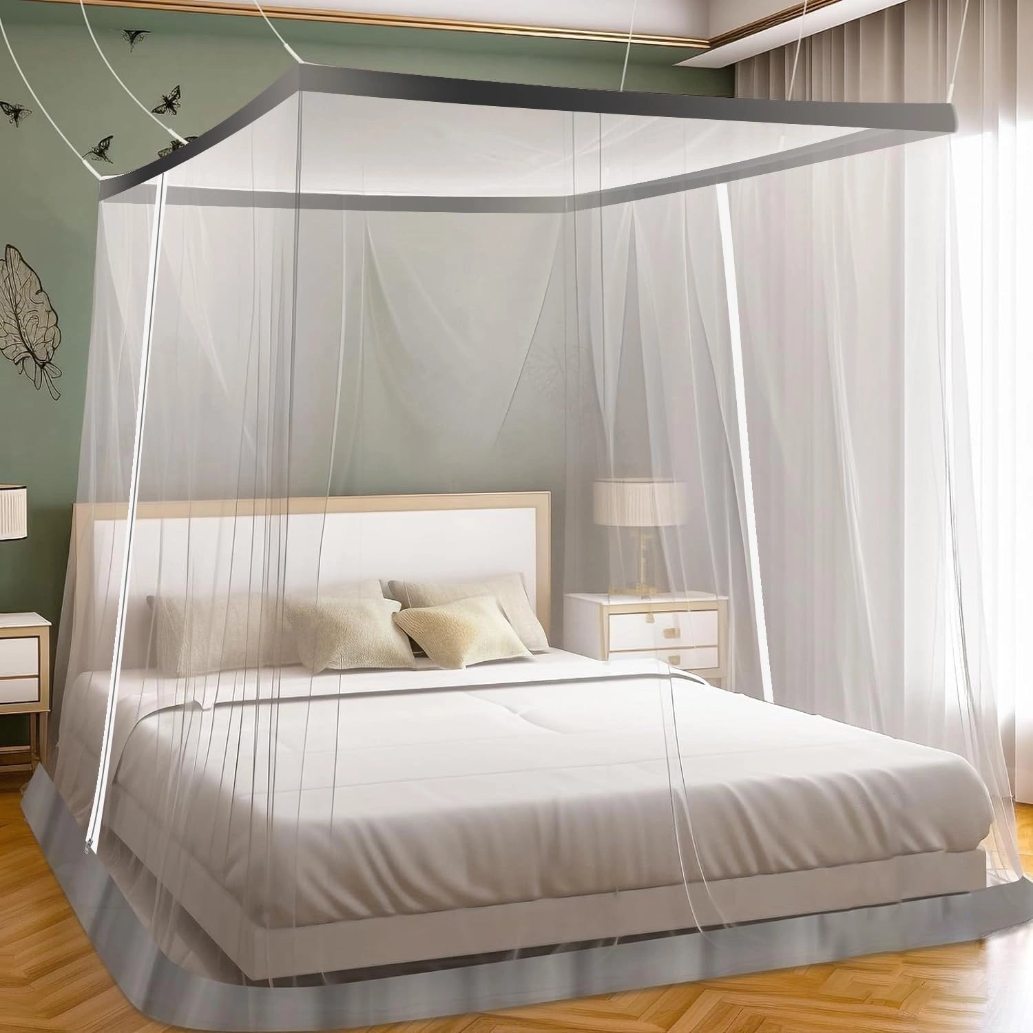 Mosquito Net for Bed - Hanging Bed Net - Polyester - Machardani - Double Zipper Entry - Elegant White with Grey Border