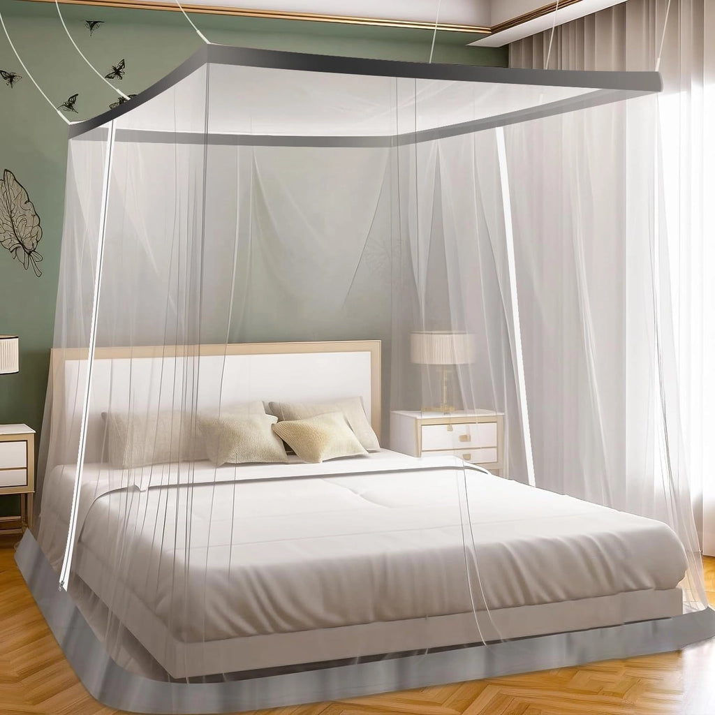 Mosquito Net for Bed - Hanging Bed Net - Polyester - Machardani - Double Zipper Entry - Elegant White with Grey Border