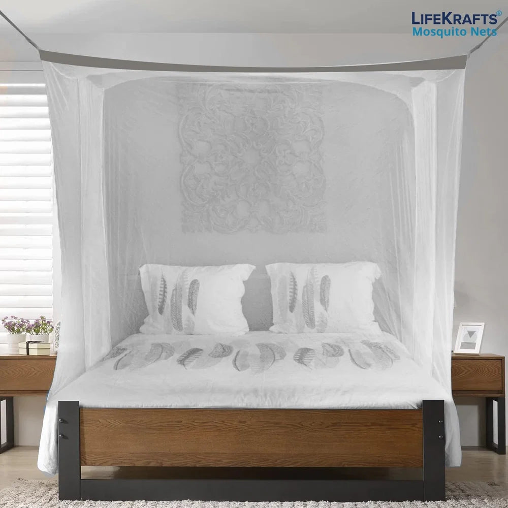 Mosquito Net for Bed - Hanging Bed Net - Polyester - Machardani - Double Zipper Entry - Elegant White with Grey Border