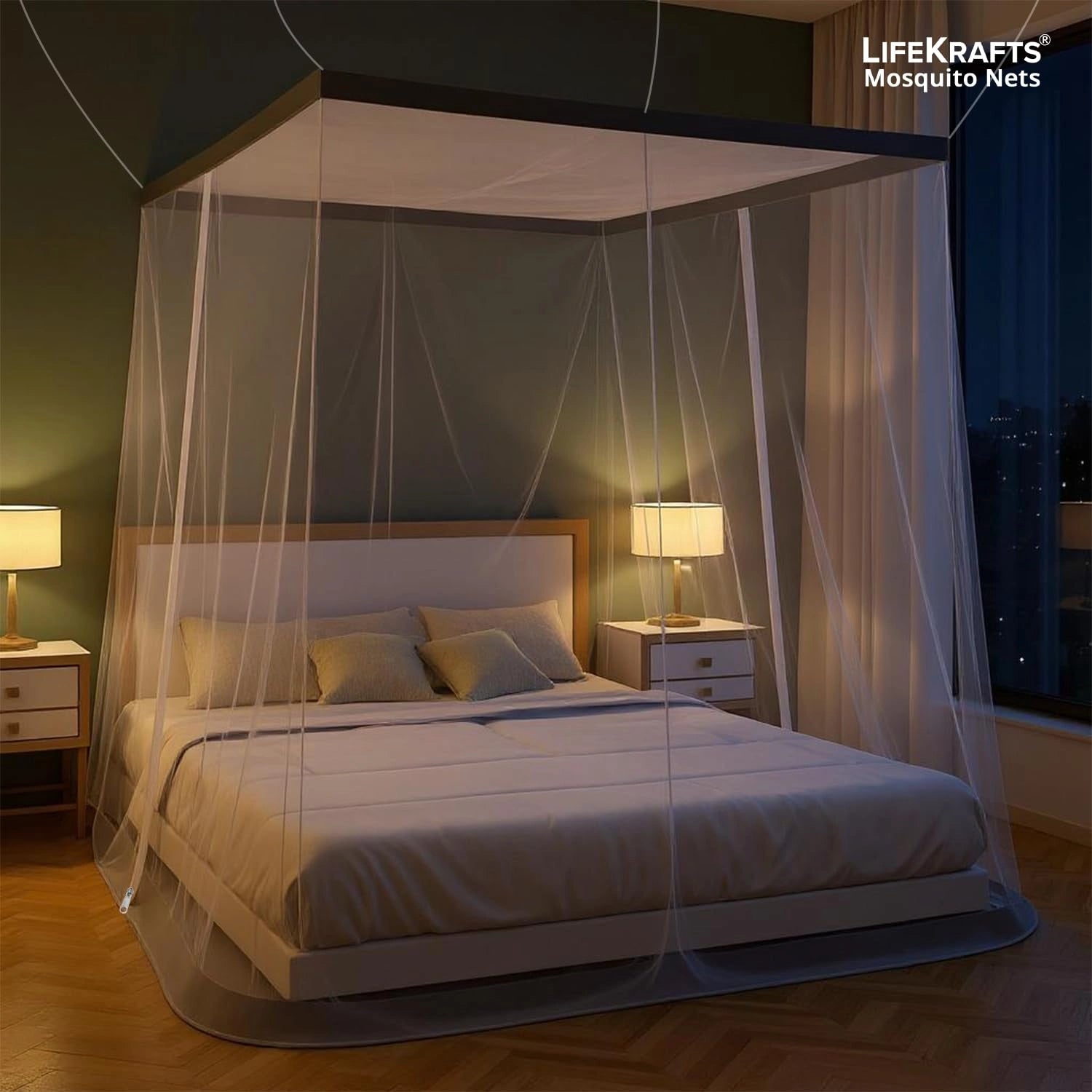 Mosquito Net for Bed - Hanging Bed Net - Polyester - Machardani - Double Zipper Entry - Elegant White with Grey Border