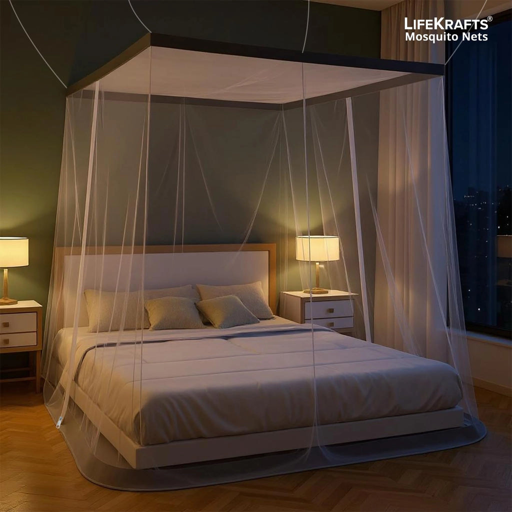 Mosquito Net for Bed - Hanging Bed Net - Polyester - Machardani - Double Zipper Entry - Elegant White with Grey Border