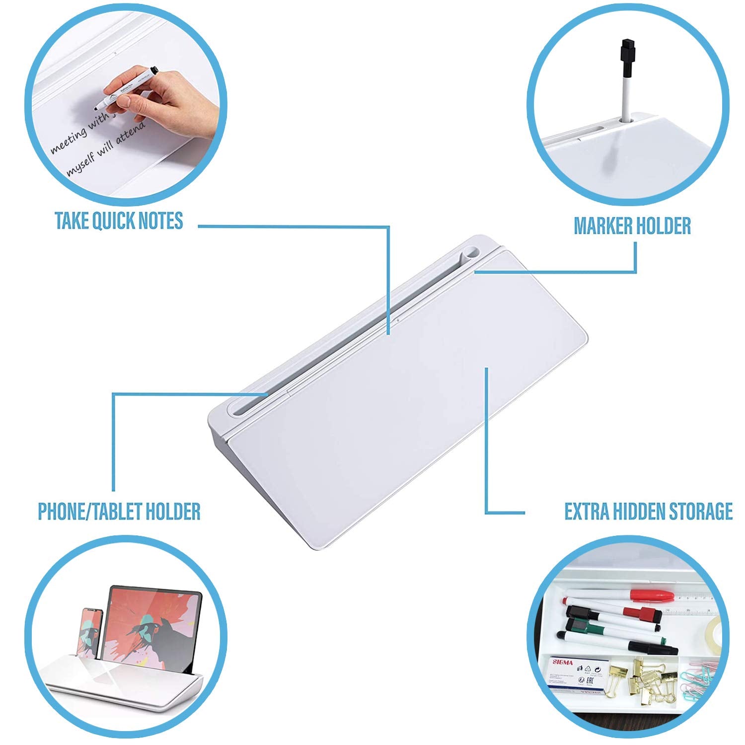Glass Desktop Table Top Board, (18 x 6 inches) Non Magnetic White Board with bottom storage LifeKrafts