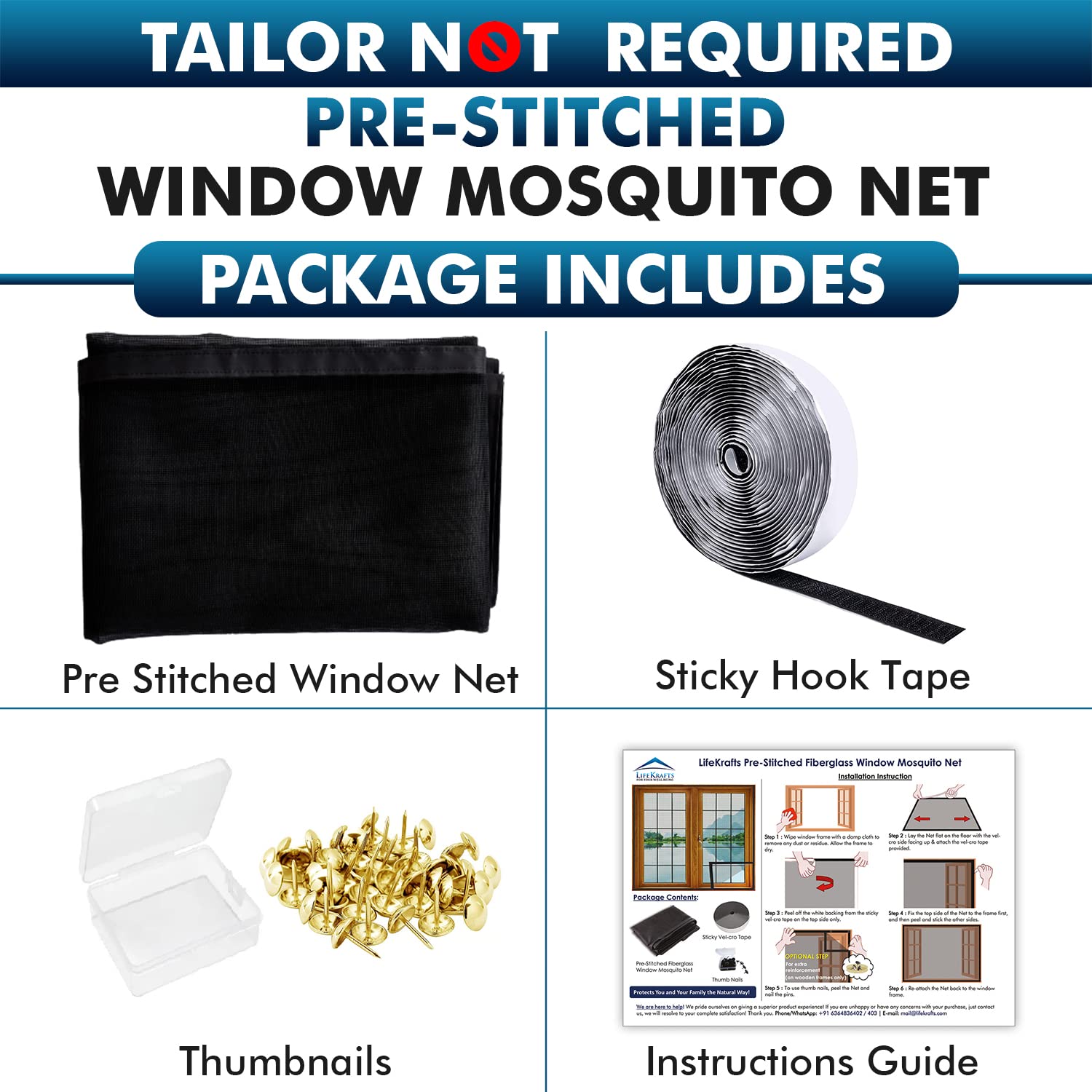 Fiberglass Stitched Window Mosquito Net Curtain, Pre-Stitched Net - Black