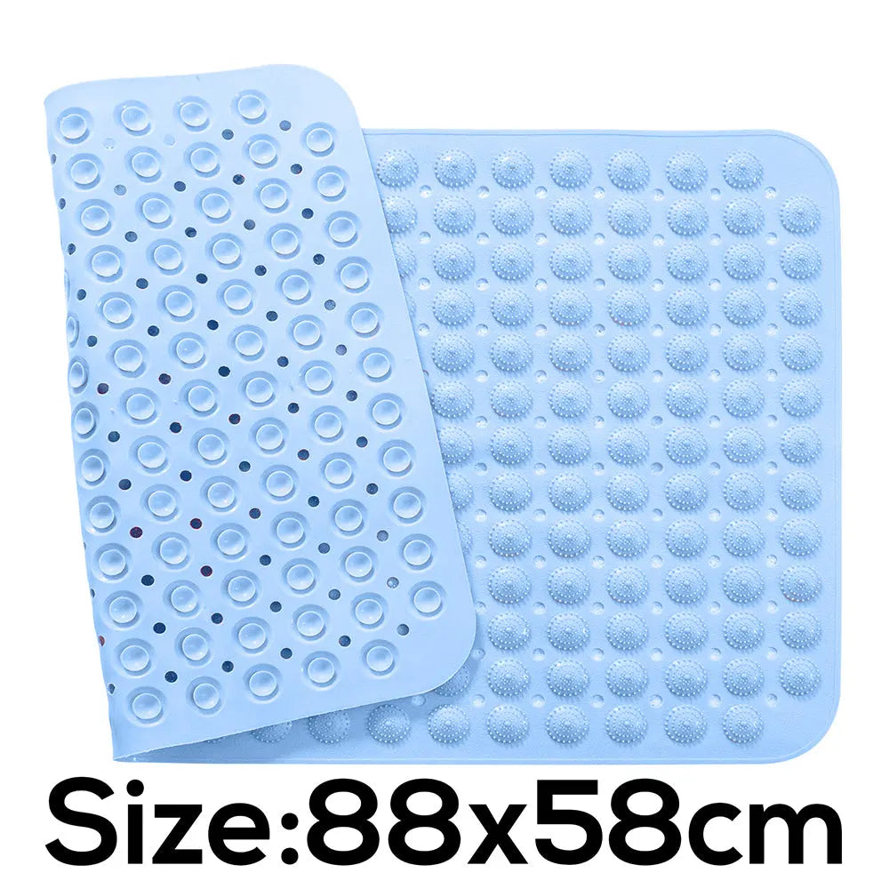 88 x 58 cm blue anti-slip bath mat showing Accu-Pebble surface and suction cup backing