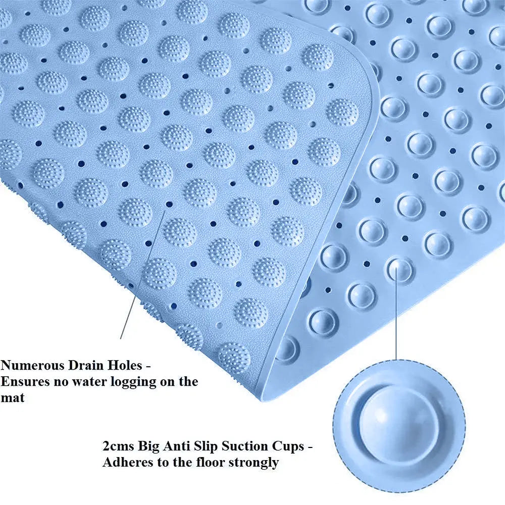 Blue anti-skid shower bath mat showing drain holes and anti-slip suction cups underneath