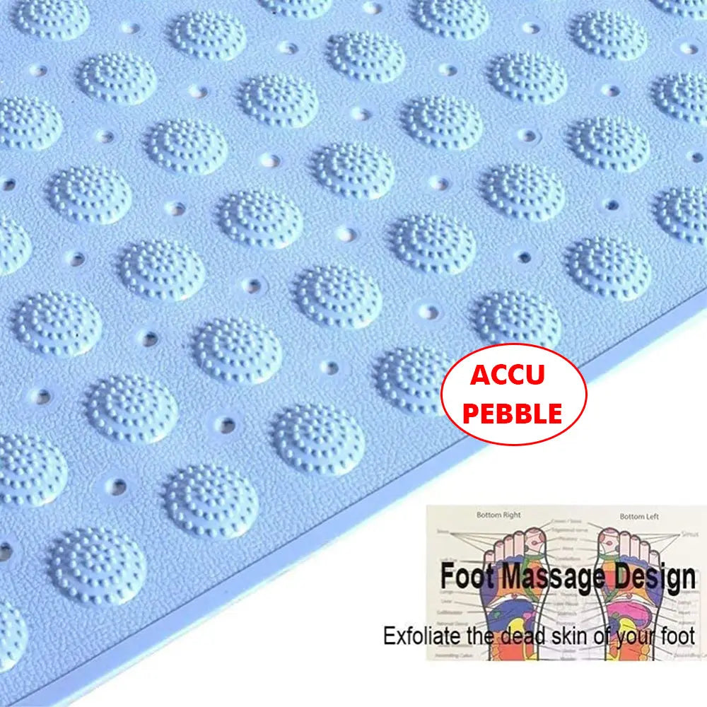 Close-up of blue Accu-Pebble bath mat with raised textured foot massage surface