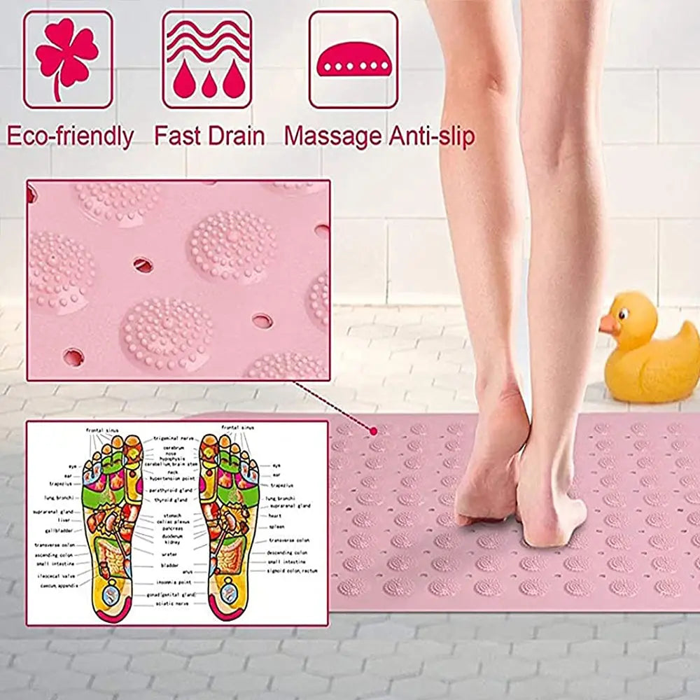 Pink Accu-Pebble anti-slip shower mat showing textured massage surface and fast-drain design