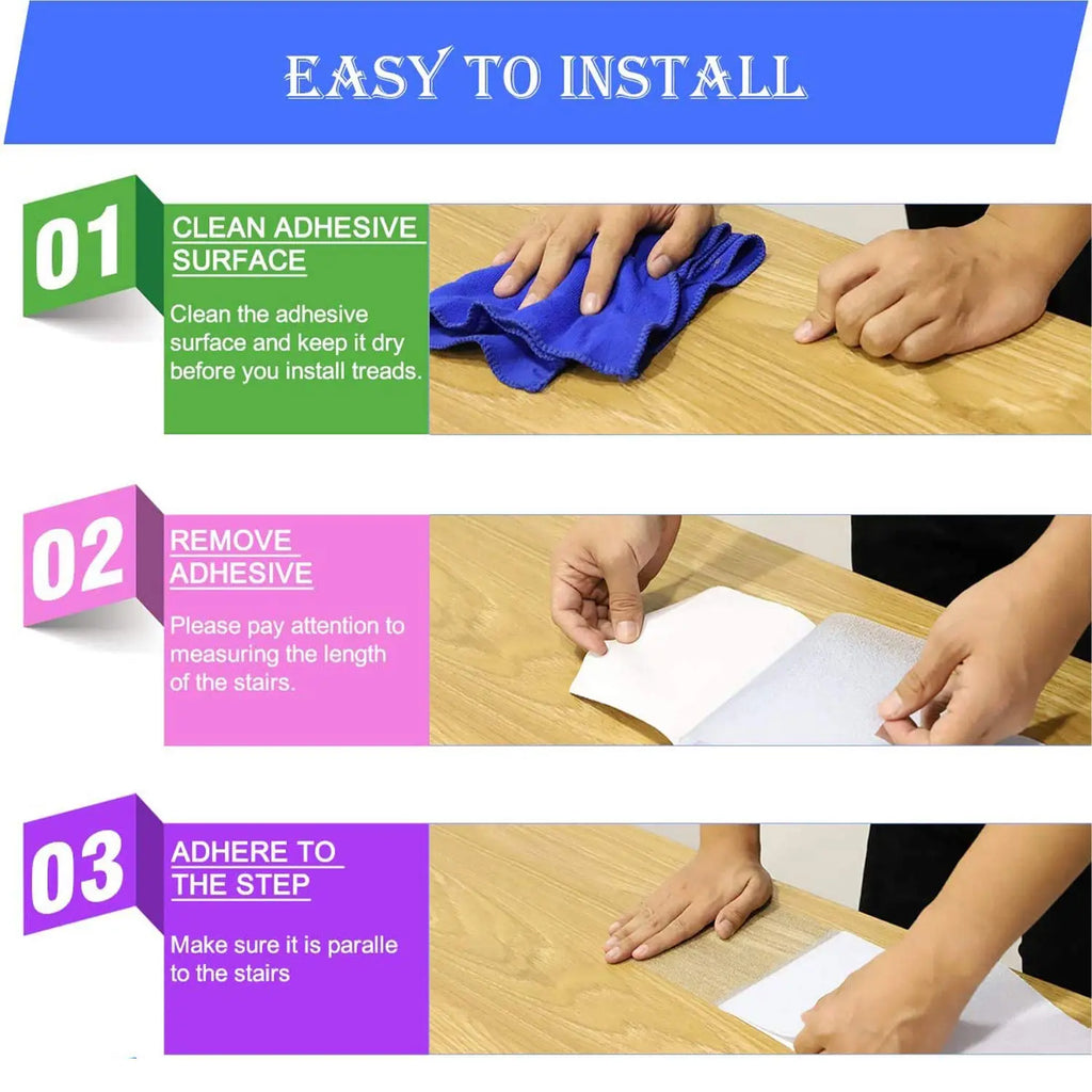 Transparent self-adhesive anti-skid stair strip showing peel and stick installation steps