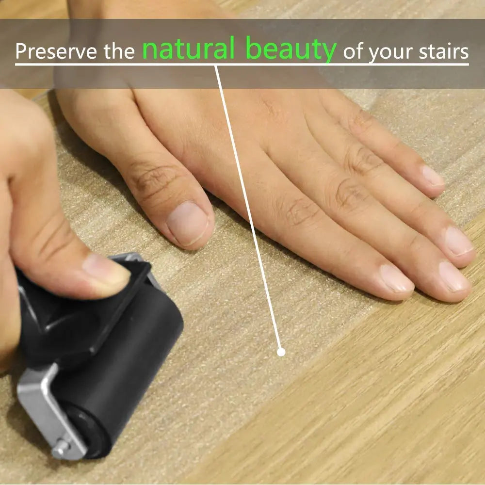 Transparent anti-slip stair strip providing textured grip while keeping wood surface visible