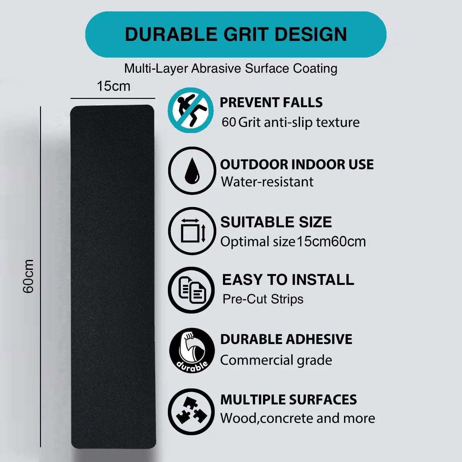 Anti Slip/Anti Skid Strip for Stairs, Slippery floors, Ramps - (15x60 cm, Black) LifeKrafts