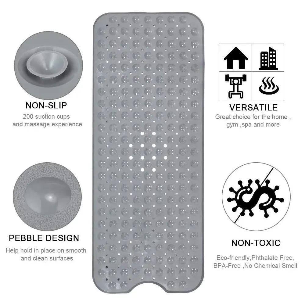 Grey non-slip bath mat with soft pebble design and suction cups for smooth bathroom surfaces