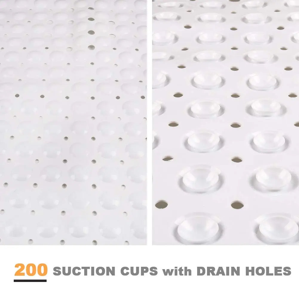 White anti-slip bath mat close-up showing suction cups and water drainage holes
