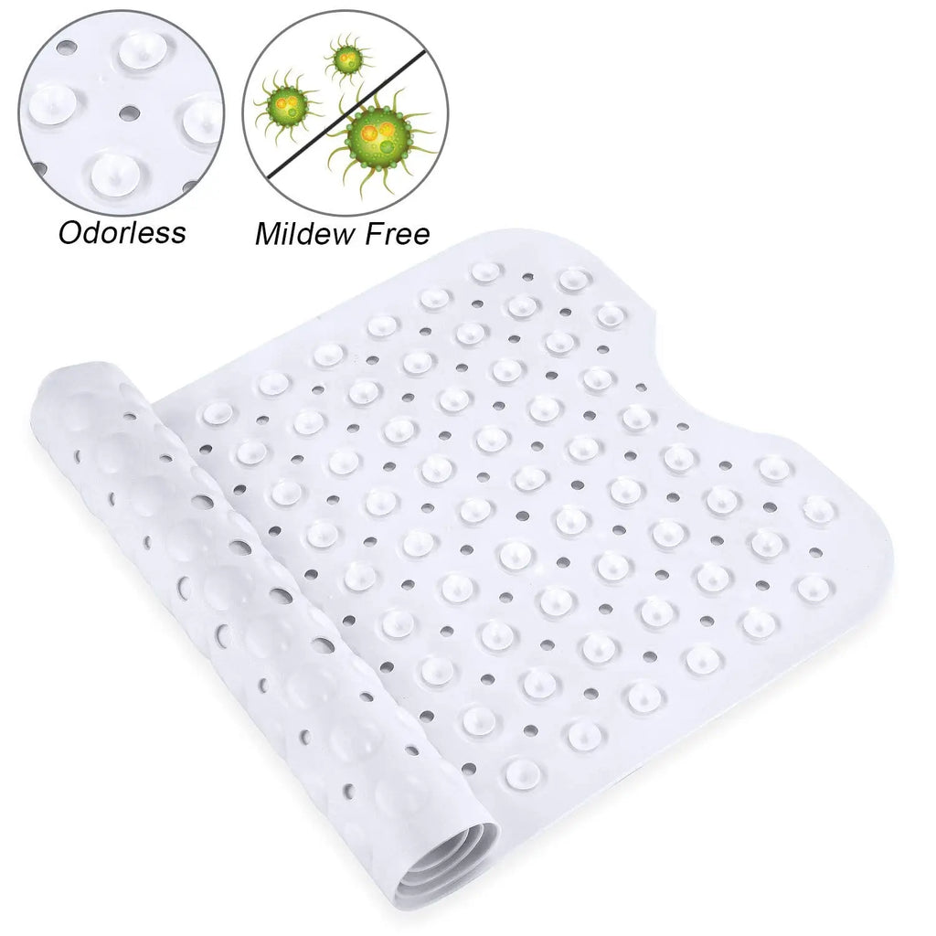 White soft pebble shower bath mat with flexible rollable design and suction cups