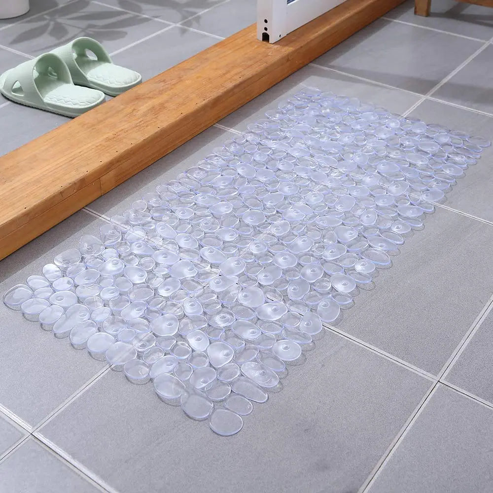 LifeKrafts transparent stone pebble anti-slip bath mat on tiled bathroom floor