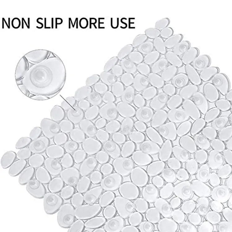 Transparent stone pebble bath mat with suction cups and textured anti-slip surface