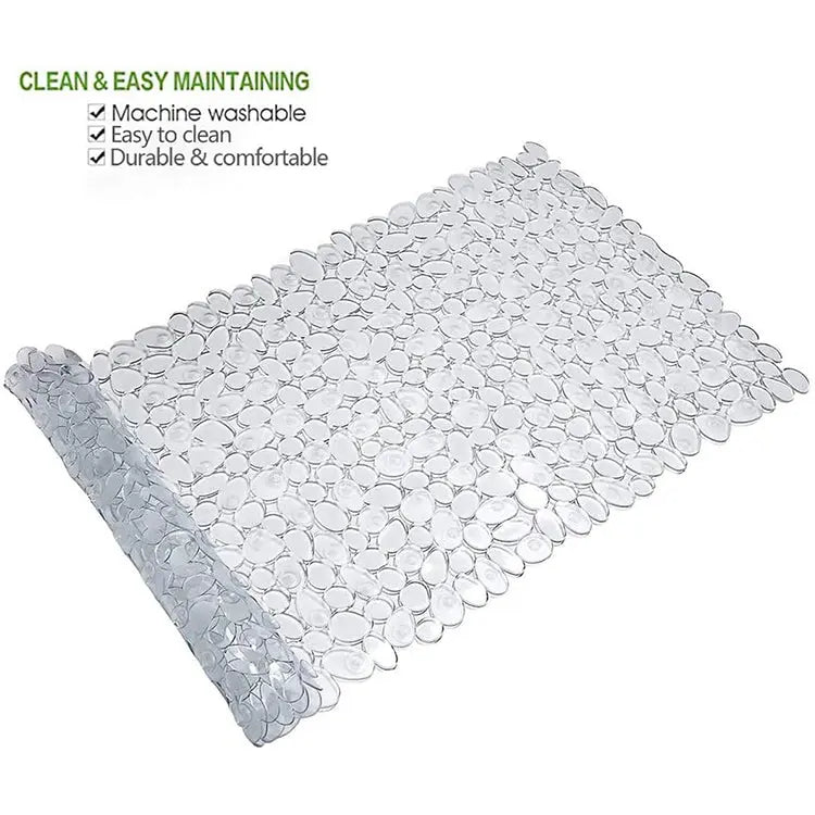 Flexible transparent stone pebble bath mat designed for easy cleaning and machine washing