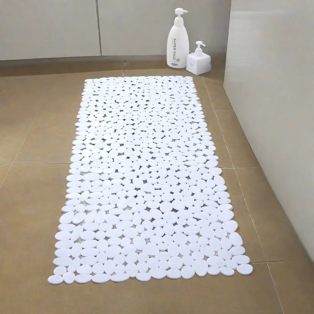 White stone pebble anti-slip bath mat for bathroom shower and tub areas
