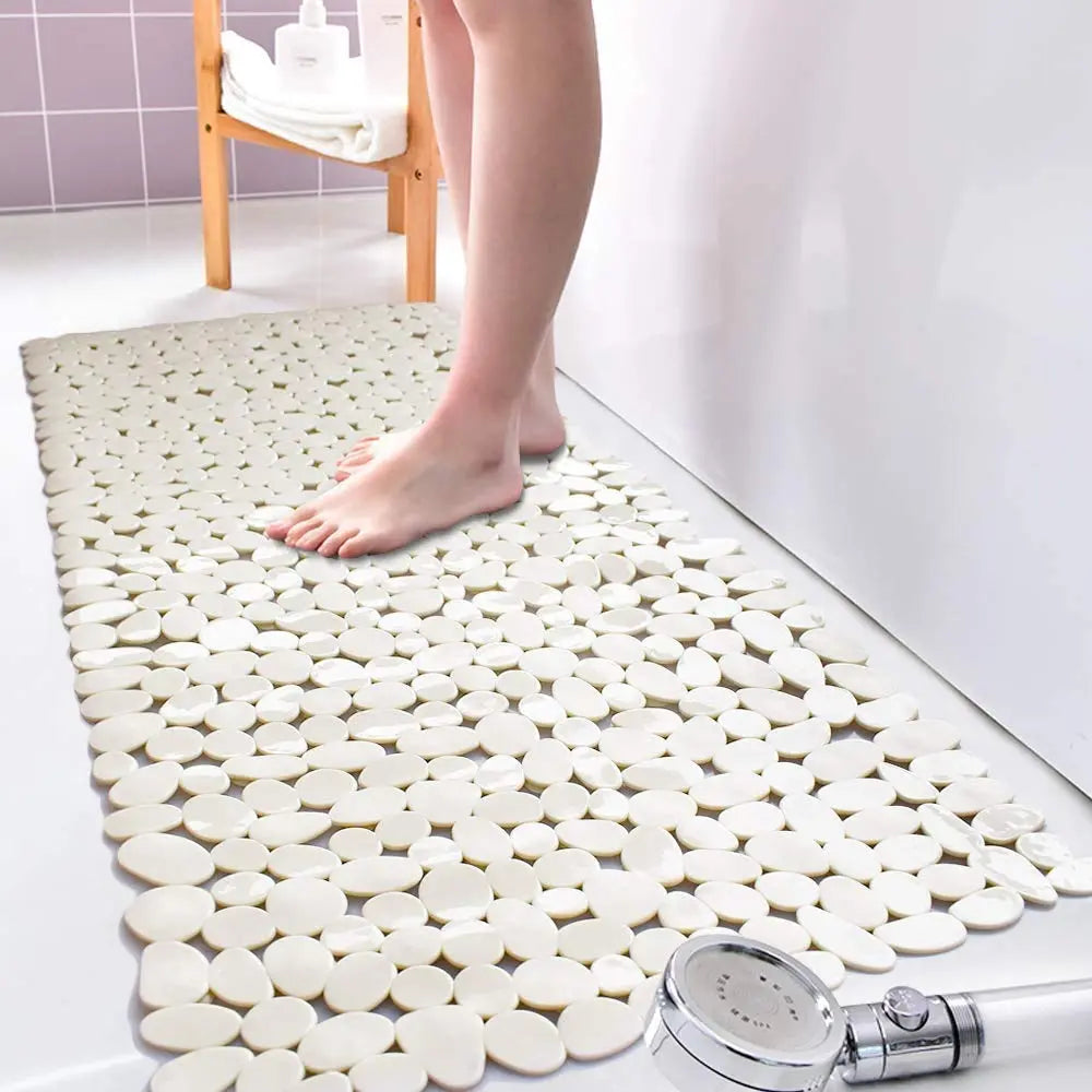 Flexible white stone pebble bath mat with washable design for bathroom and shower use