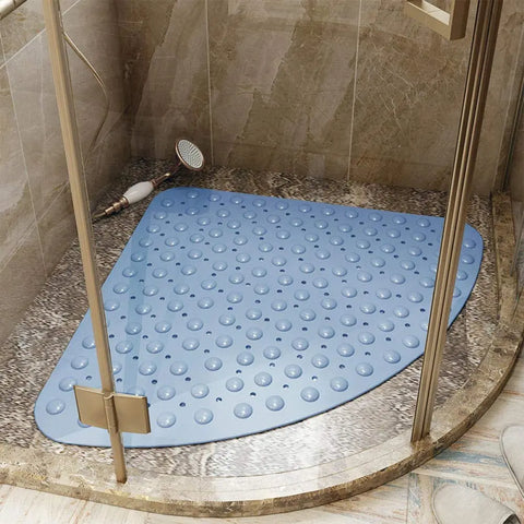 Blue triangle anti-slip shower bath mat with soft pebble surface for wet bathroom floors