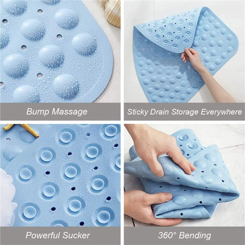 Blue soft pebble anti-slip bath mat with textured bumps, suction cups, drainage holes and flexible design