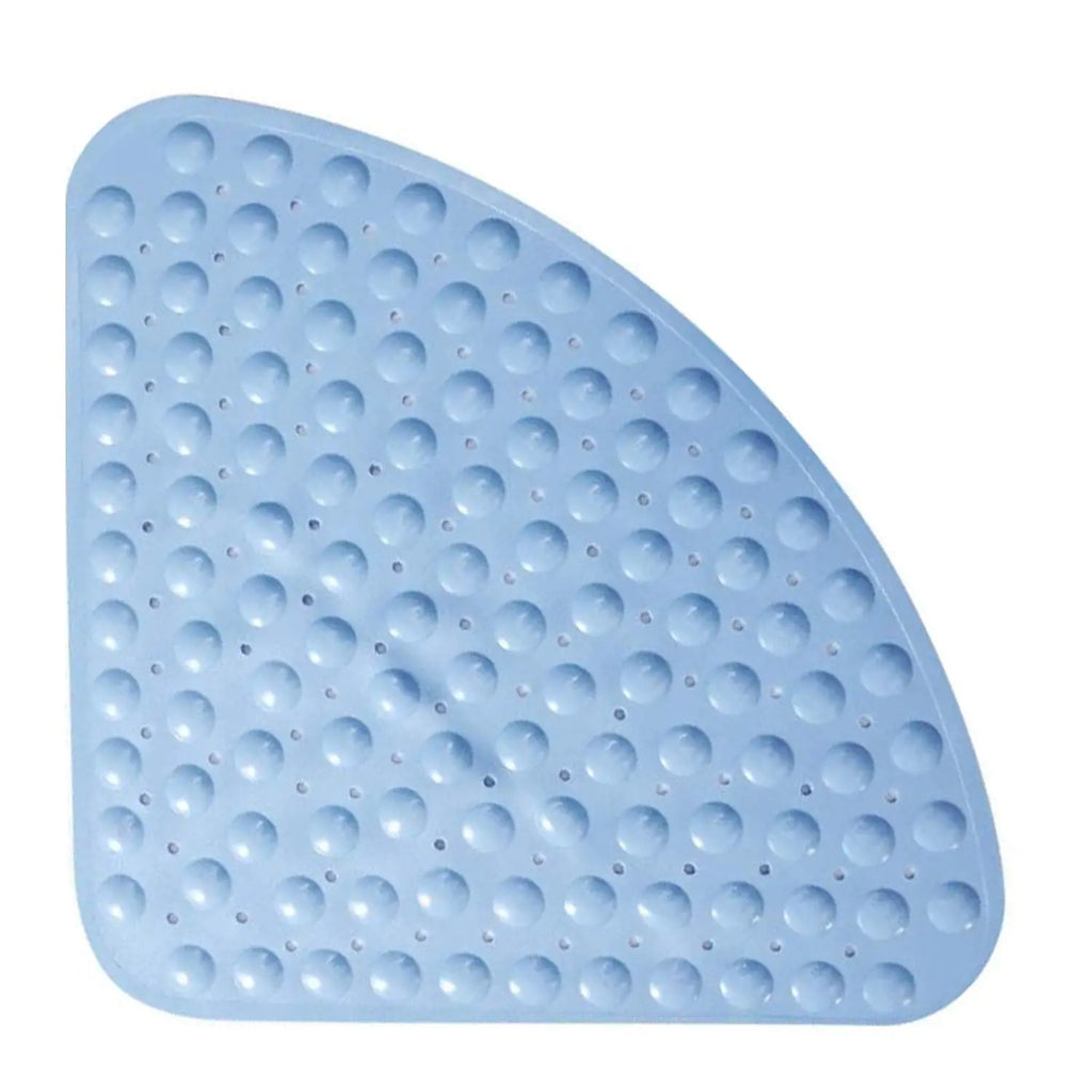 Blue triangle anti-slip bath mat with raised soft pebble texture and water drainage openings