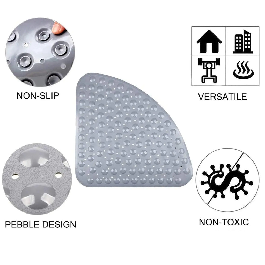 Grey triangle anti-slip shower mat showing suction cup grip, pebble design and versatile use