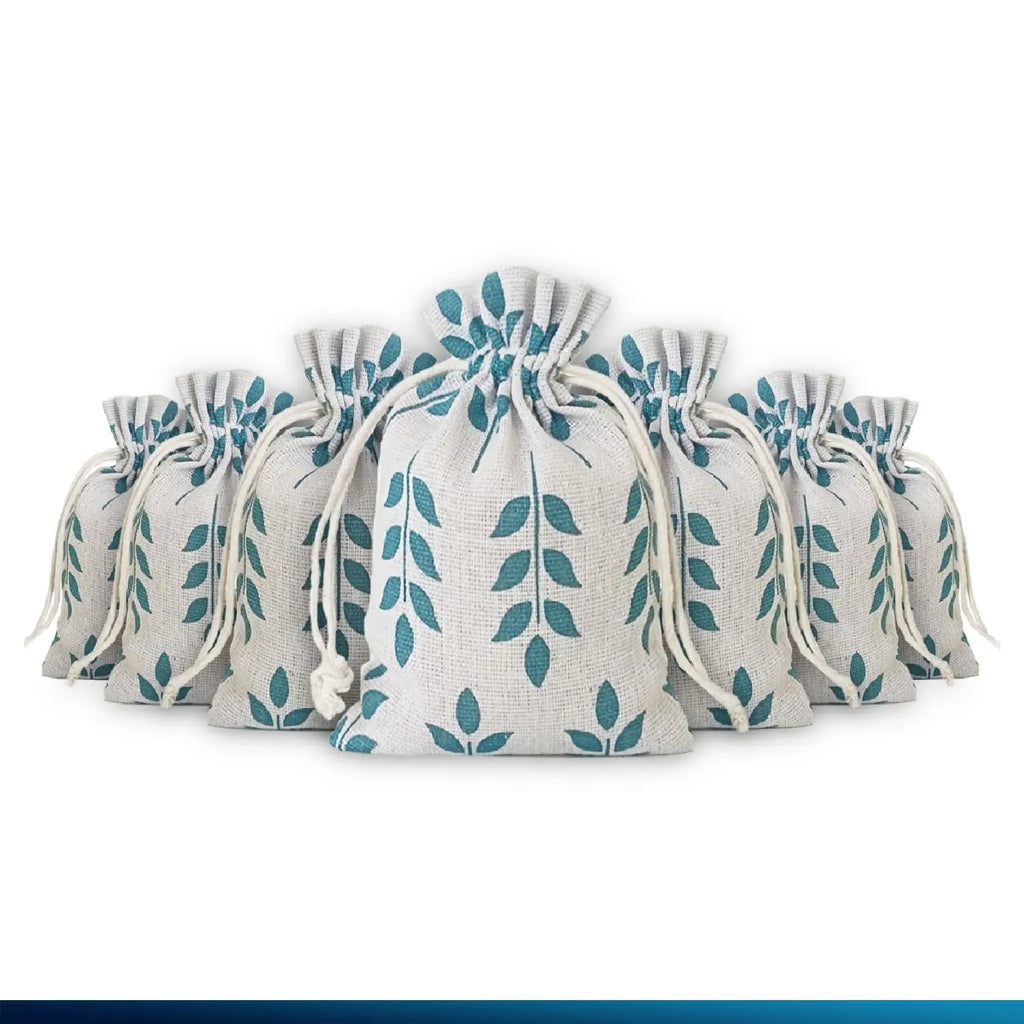Close-up of leaf print jute linen drawstring pouch for reusable gift packaging