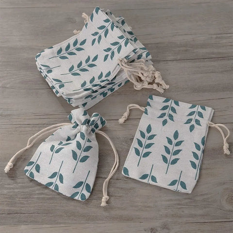 Leaf design jute linen pouch with adjustable drawstring for gifting and storage