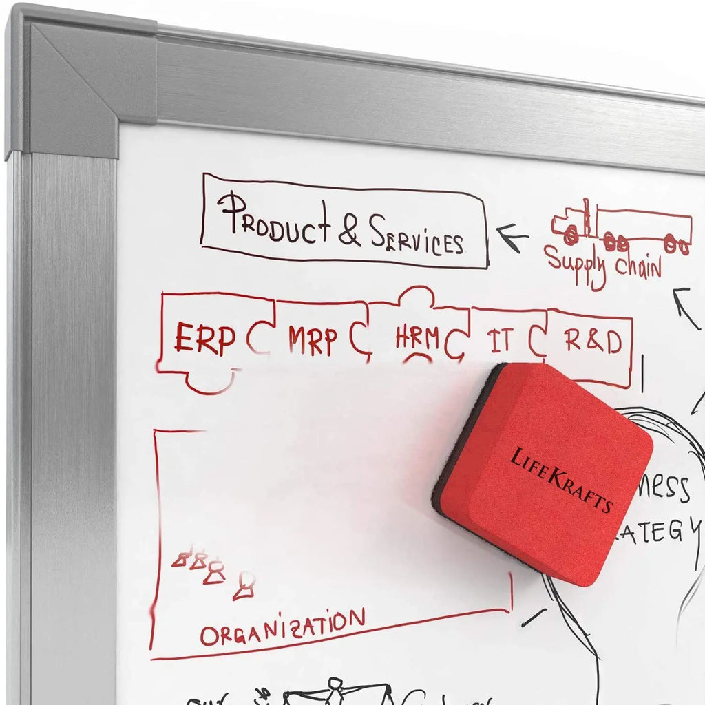 Red dry erase magnetic eraser attached to whiteboard for convenient marker cleaning