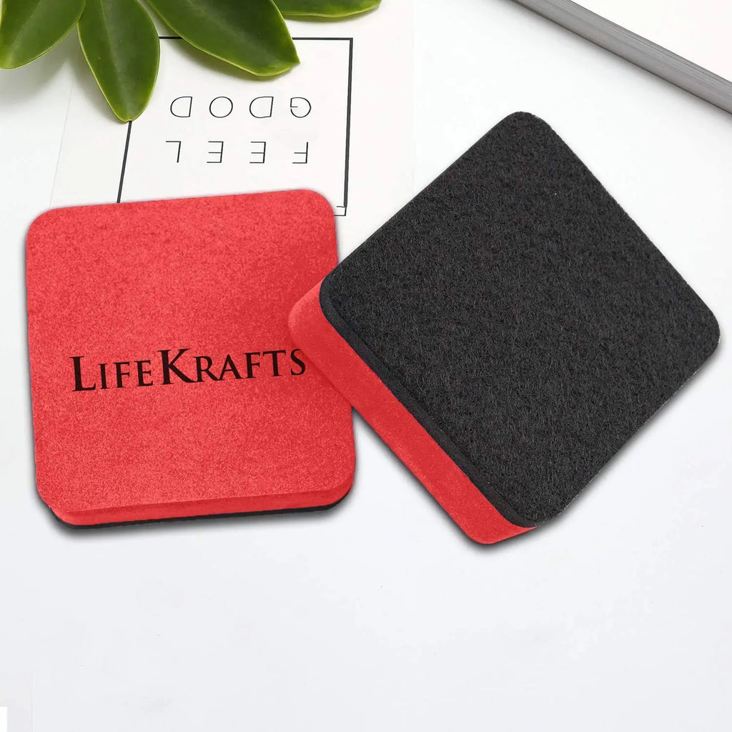 Red magnetic whiteboard erasers showing LifeKrafts foam body and black felt wiping surface