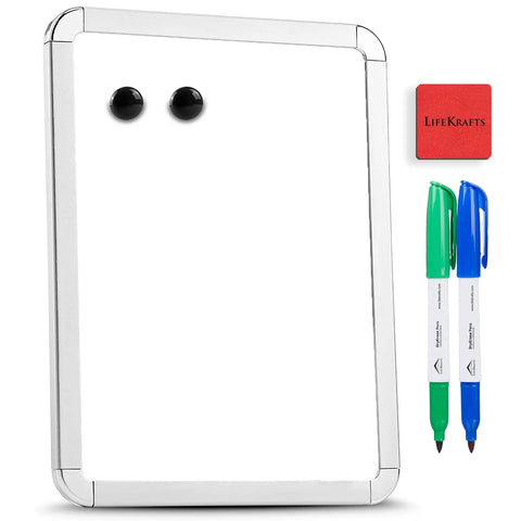 LifeKrafts 11 x 14 inch magnetic dry erase whiteboard with chrome frame, markers and eraser