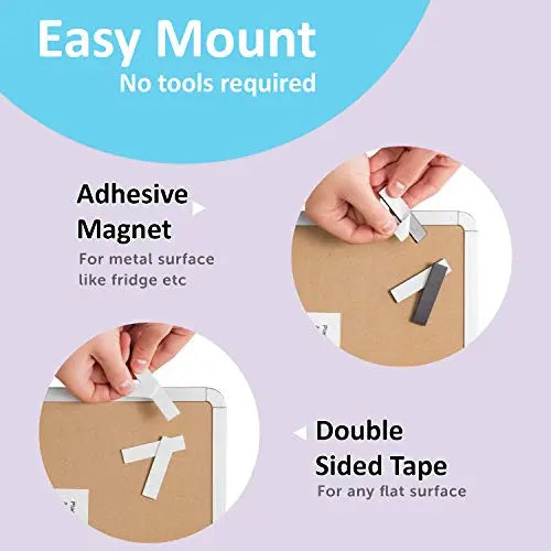 Magnetic dry erase whiteboard mounting with adhesive magnetic strips and double sided tape