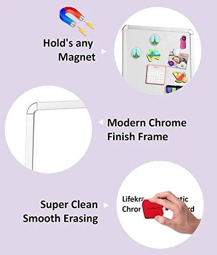 Magnetic whiteboard with chrome finish frame, magnet holding surface and smooth dry erase cleaning