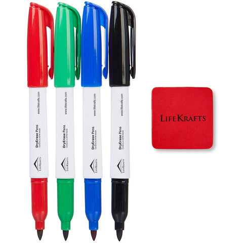 LifeKrafts dry erase marker pens in black blue red and green with whiteboard eraser