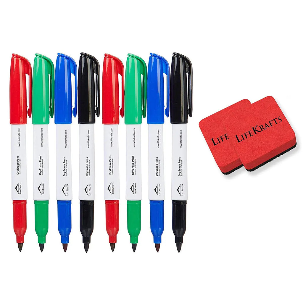 LifeKrafts pack of 8 dry erase marker pens in four colours with two erasers