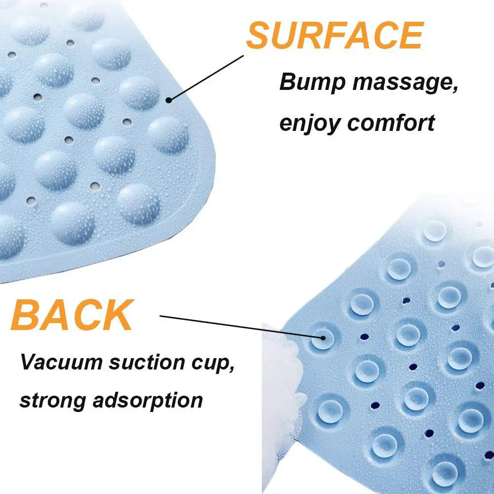 Soft pebble blue bath mat with suction cup grip and water drainage holes
