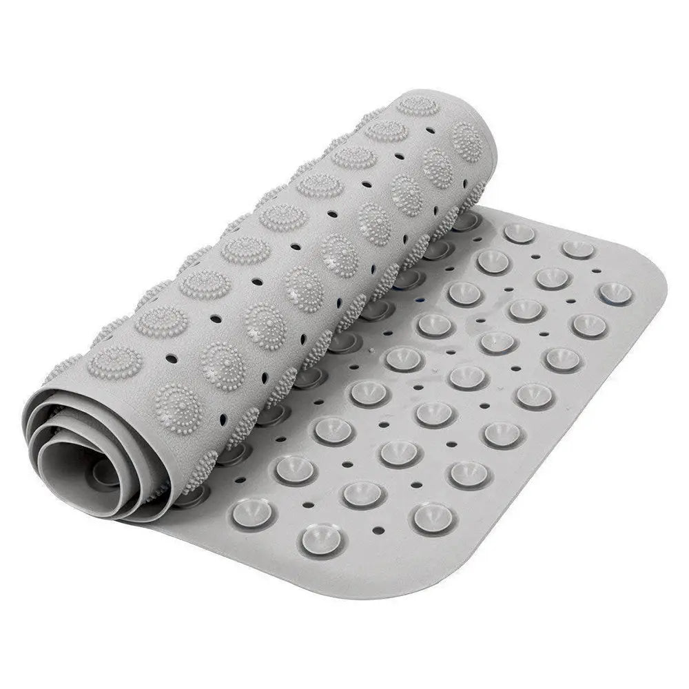 Flexible grey Accu Pebble anti-slip bath mat showing drainage holes and suction cup underside
