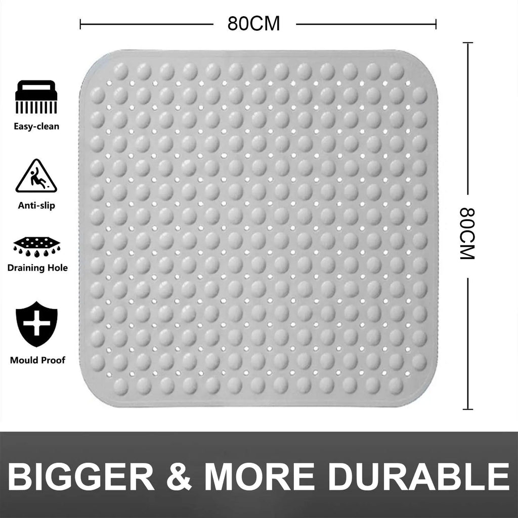Grey soft pebble anti-slip bath mat 80 x 80 cm with drainage holes for bathroom floors