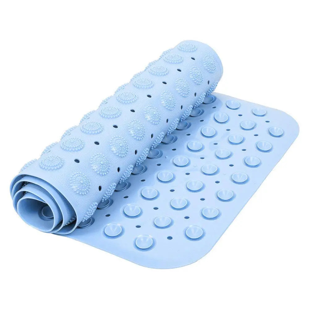 Flexible blue Accu Pebble anti-slip bath mat showing drainage holes and suction cup underside