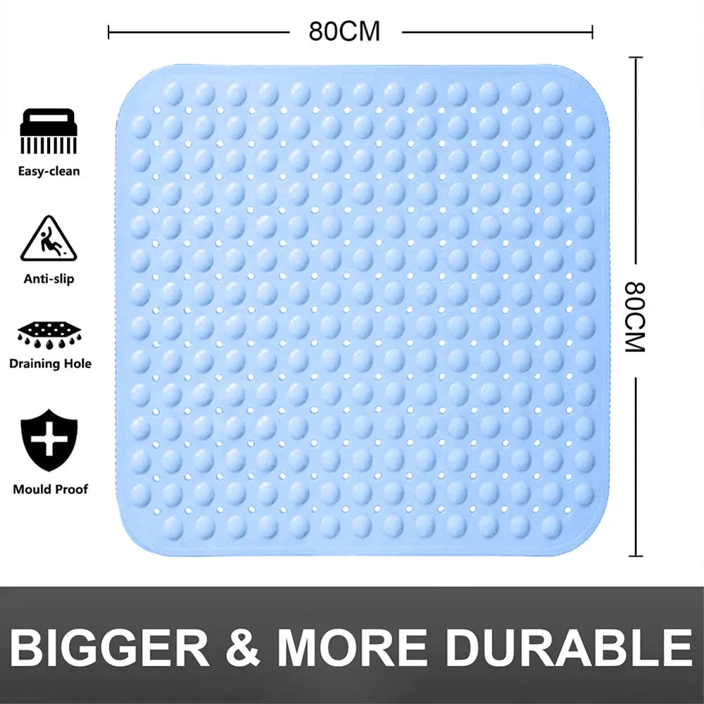 Blue soft pebble anti-slip bath mat 80 x 80 cm with drainage holes for bathroom floors